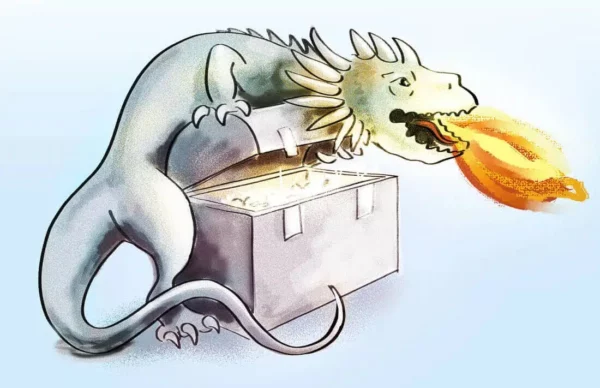 Ein feuerspeiender Drache auf einer Schatztruhe