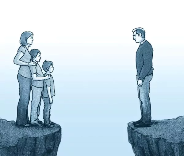 Eine Kluft: auf der einen Seite eine Mutter hinter zwei Kindern, auf der anderen Seite ein Mann alleine.